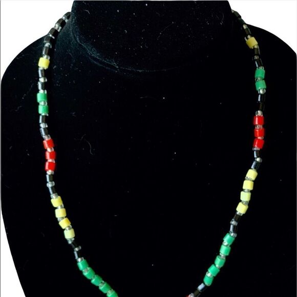 Vintage hand blown glass bead red-green-yellow-black clear  necklace 22”L - Picture 6 of 14